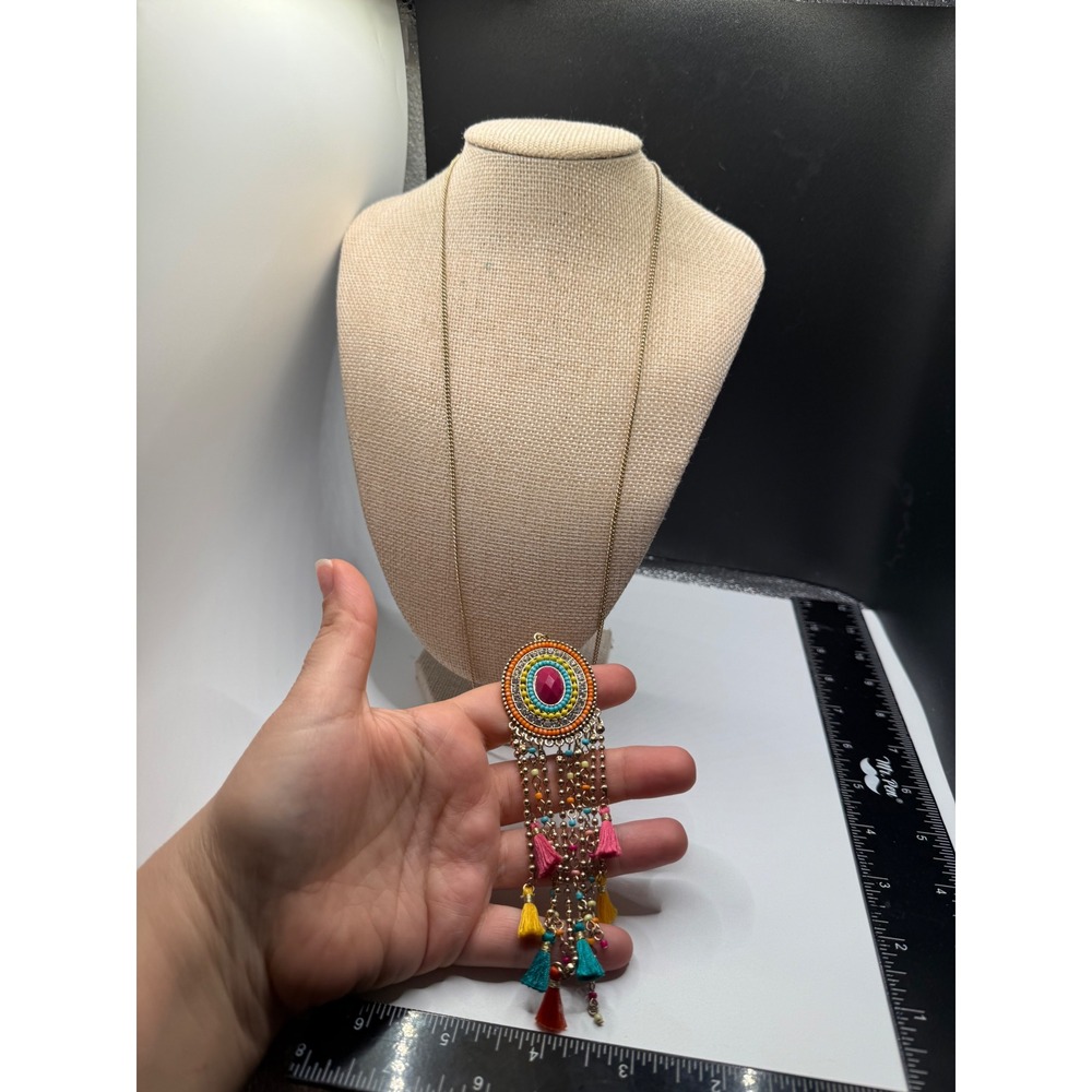 Boho Long Tassel Pendant Necklace Gold Tone Multi Color Beaded Statement Jewelry - Picture 2 of 5